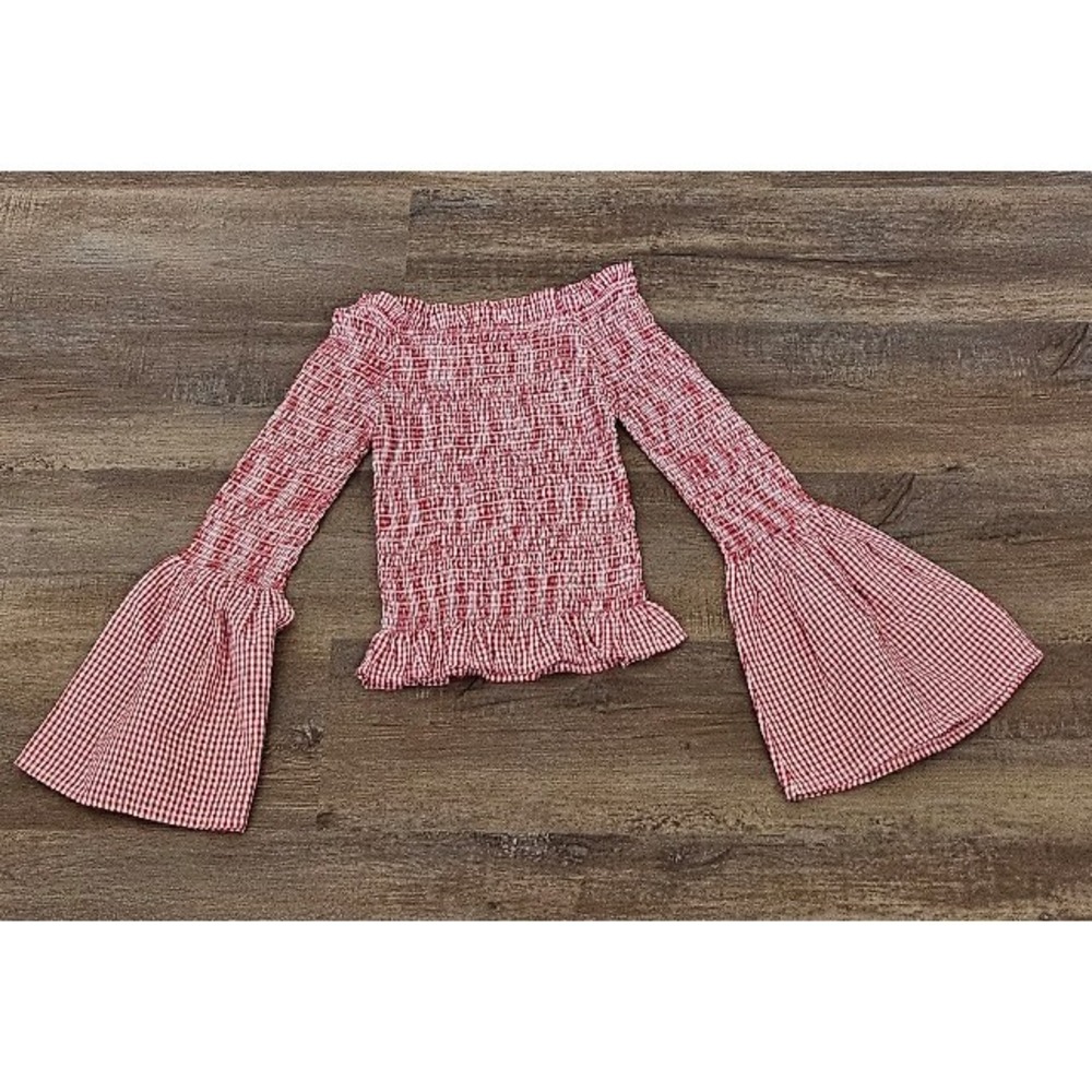Red Plaid Checkered Off The Shoulder with Bell Sleeves size XS